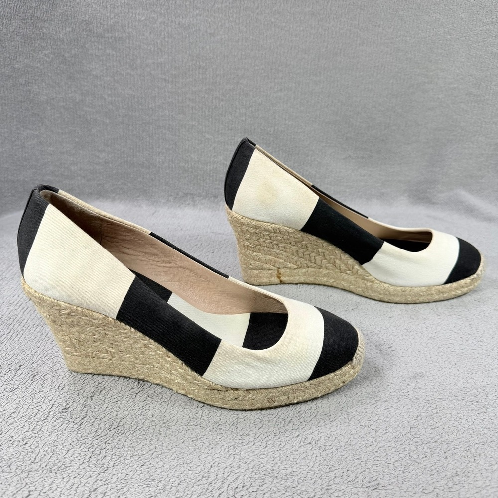 J.Crew Womens 8.5 Black White Striped Canvas Jute Espadrille Wedge Heel Pump